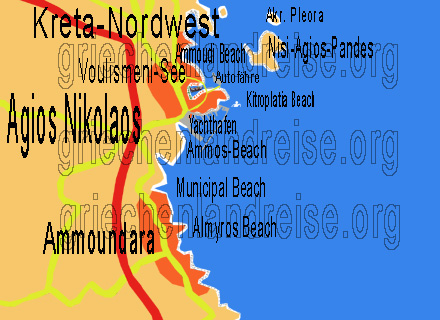 Karte mit Bilder, wie es in Agios Nikolaos aussieht und wo welches Hotel liegt