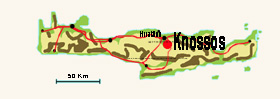 Der Rote Punkt zeigt die Lage von Knossos in Heraklion (Iraklio) auf der Insel Kreta, Griechenland.