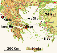 Der rot-schwarze Punkt auf dem Lageplan markiert die Insel Korfu vor der Küste von Nord-Griechenland im ionischen Meer an der Straße von Otranto.