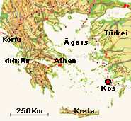 Der rot-schwarze Punkt auf dem Lageplan markiert die Insel Kos in Griechenland an den südlichen Sporade im östlichen Mittelmeer vor der Küste Asiens.