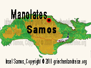 Der rot-schwarze Punkt auf dem Lageplan markiert die Lage von dem Manolates Bergdorf auf der Insel Samos in Griechenland.