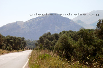 Anfahrt durch die Bergwelt auf der griechischen Insel Kreta. Neben den Straßen die in die weißen Berge führt sieht man oft alte knorrige Olivenbäume stehen.