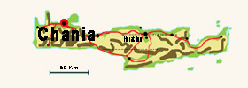 Der Rote Punkt zeigt die Lage von Chania auf der Insel Kreta, Griechenland.