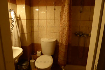 Das Bild zeigt die Toilette in unserem Hotelzimmer und rechts die Dusche.
