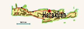 Der Rote Punkt zeigt die Lage von der Hauptstadt Heraklion (Iraklio) auf der Insel Kreta, Griechenland.