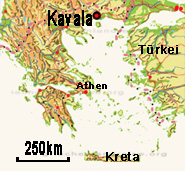 Der rot-schwarze Punkt zeigt die Lage von Kavala auf dem Griechischen Festland.