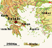 Der rot-schwarze Punkt zeigt die Lage von Delphi auf dem Griechischen Festland.