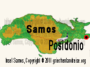 Der rot-schwarze Punkt auf dem Lageplan markiert die Lage von der Bucht Posidonio auf der Insel Samos in Griechenland.