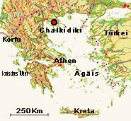 Der rot-schwarze Punkt zeigt die Lage von Chalkidiki der Halbinsel in Nordgriechenland.