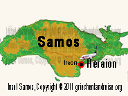 Der rot-schwarze Punkt auf dem Lageplan markiert die Lage von dem Heraion auf der Insel Samos in Griechenland.