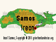 Der rot-schwarze Punkt auf dem Lageplan markiert die Lage von Ireon auf der Insel Samos in Griechenland.