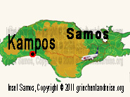 Der rot-schwarze Punkt auf dem Lageplan markiert die Lage von dem Ort Kampos an der Marathokampos Bay Bucht auf der Insel Samos in Griechenland.