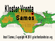 Der rot-schwarze Punkt auf dem Lageplan markiert die Lage von dem Kloster Vronta auf der Insel Samos in Griechenland.