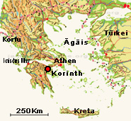 Der rot-schwarze Punkt auf dem Lageplan zeigt Straße von Korinth mit seinem Kanal in Griechenland der die Halbinsel Peloponnes in Griechenland zur Insel macht.