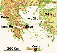 Der rot-schwarze Punkt auf dem Lageplan markiert die Insel Kreta in Griechenland im Mittelmeer.
