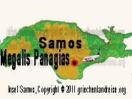 Der rot-schwarze Punkt auf dem Lageplan markiert die Lage von dem Kloster Megalis Panagias auf der Insel Samos in Griechenland.