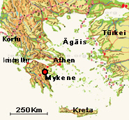 Der rot-schwarze Punkt auf dem Lageplan zeigt die geographische Lage von Mykene der Burg wo man vermutet das Grab von König Agamemnon gefunden zu haben auf der Halbinsel Peloponnes in Griechenland.
