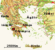 Der rot-schwarze Punkt auf dem Lageplan markiert die Sportstätte der Antike dem Geburtsort der Olympischen Spiele in Griechenland auf der Halbinsel Peloponnes.