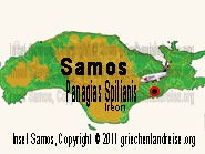 Der rot-schwarze Punkt auf dem Lageplan markiert die Lage von dem Kloster Panagias Spilianis auf der Insel Samos in Griechenland.