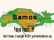 Der rot-schwarze Punkt auf dem Lageplan markiert die Lage von dem Pappa Beach auf der Insel Samos in Griechenland.