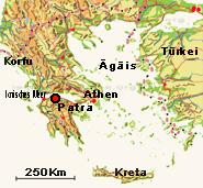 Der rot-schwarze Punkt auf dem Lageplan markiert Patra auf der Halbinsel Peloponnes in Griechenland wo man auch mit der Fähre im Hafen anlegt.
