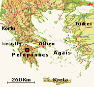 Lageplan der Halbinsel Peloponnes in Griechenland.