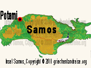 Der rot-schwarze Punkt auf dem Lageplan markiert die Lage von Potami auf der Insel Samos in Griechenland.