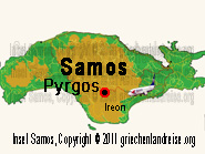 Der rot-schwarze Punkt auf dem Lageplan markiert die Lage von dem Pyrgos Bergdorf auf der Insel Samos in Griechenland.