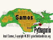 Der rot-schwarze Punkt auf dem Lageplan markiert die Lage von dem Ort Pythagorio auf der Insel Samos in Griechenland.