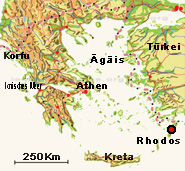 Der rot-schwarze Punkt auf dem Lageplan markiert die Insel Rhodos in Griechenland an den südlichen Sporaden im östlichen Mittelmeer.