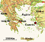 Der rot-schwarze Punkt auf dem Lageplan markiert die Insel Samos in Griechenland vor der Küste von Asien und somit der Türkei.