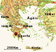 Der rot-schwarze Punkt auf dem Lageplan markiert Sparta und Messene in der Antike  auf der Halbinsel Peloponnes in Griechenland.