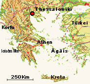 Der rot-schwarze Punkt zeigt die Lage von Thessaloniki in Nordgriechenland.