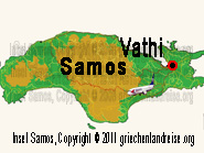 Der rot-schwarze Punkt auf dem Lageplan markiert die Lage von Vathi auf der Insel Samos in Griechenland.