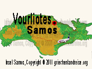 Der rot-schwarze Punkt auf dem Lageplan markiert die Lage von dem Vourliotes Bergdorf auf der Insel Samos in Griechenland.