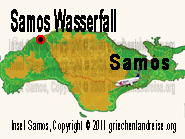 Der rot-schwarze Punkt auf dem Lageplan markiert die Lage von dem Wasserfall auf der Insel Samos in Griechenland.