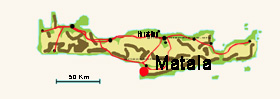 Der Rote Punkt zeigt die Lage von dem Matala auf der Insel Kreta, Griechenland.