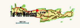 Der Rote Punkt zeigt die Lage von dem Tal von Melidoni auf der Insel Kreta, Griechenland.