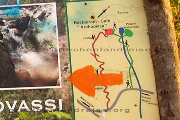 Lageplan und Erklärung vom Wanderweg zum Wasserfall in Potami auf der griechischen Insel Samos im Jahr 2011.