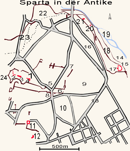 Stadtplan von Sparta in der Antike, selbst digitalisiert, bitte nicht kopieren